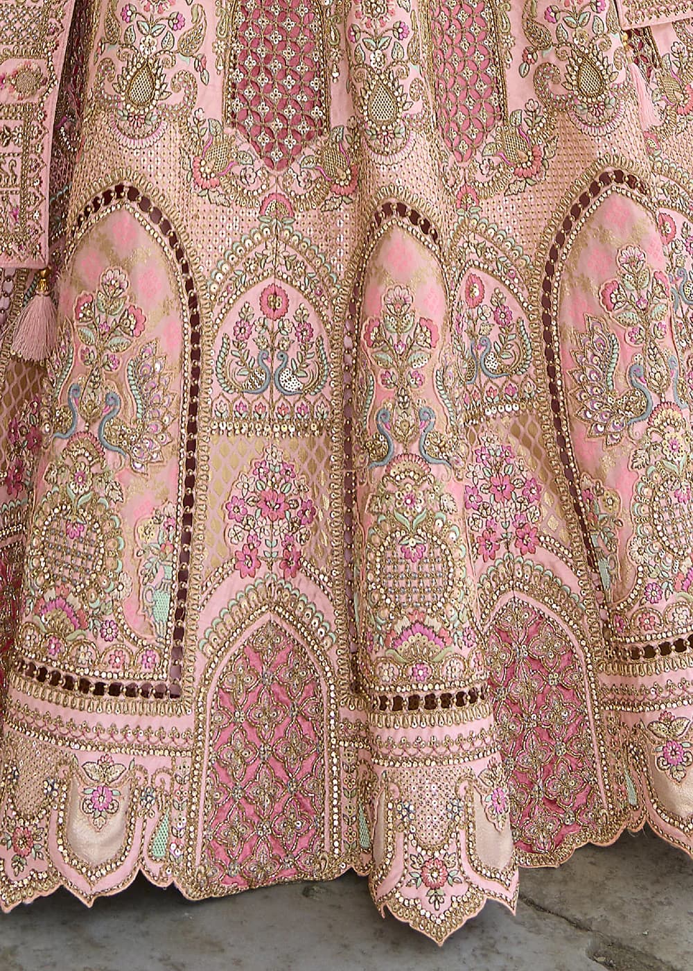 Peach-Pink Silk Hand Work, Bridal Semi Stitched Lehenga with Single Peach Color Dupatta view 2
