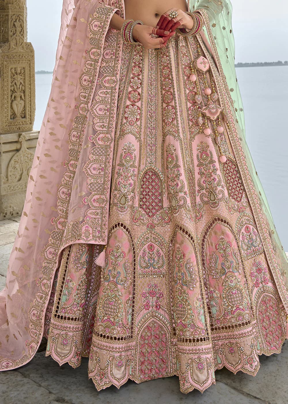 Peach-Pink Silk Hand Work, Bridal Semi Stitched Lehenga with Single Peach Color Dupatta view 3