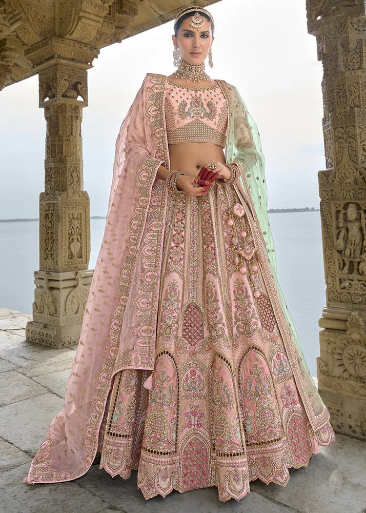 Peach-Pink Silk Hand Work, Bridal Semi Stitched Lehenga with Single Peach Color Dupatta